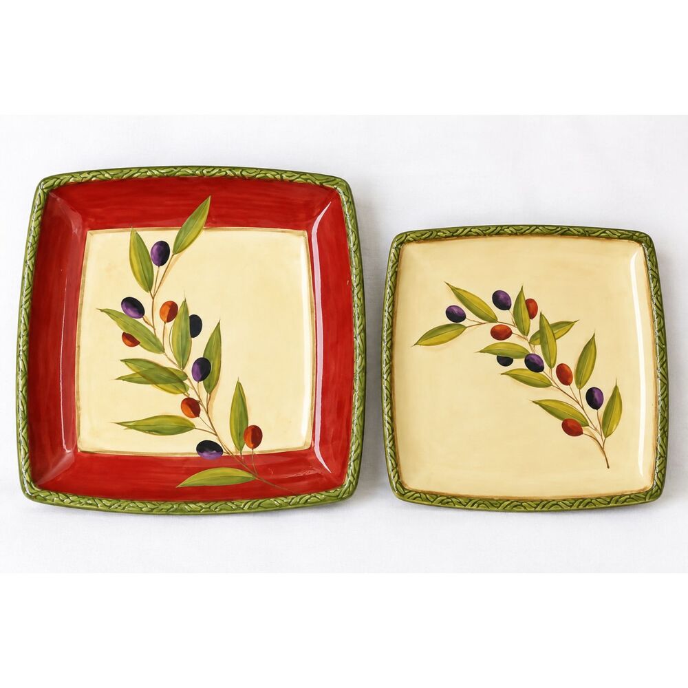 Clay Art Antique Olive Hand Painted StoneLite Square Plates Set of 2